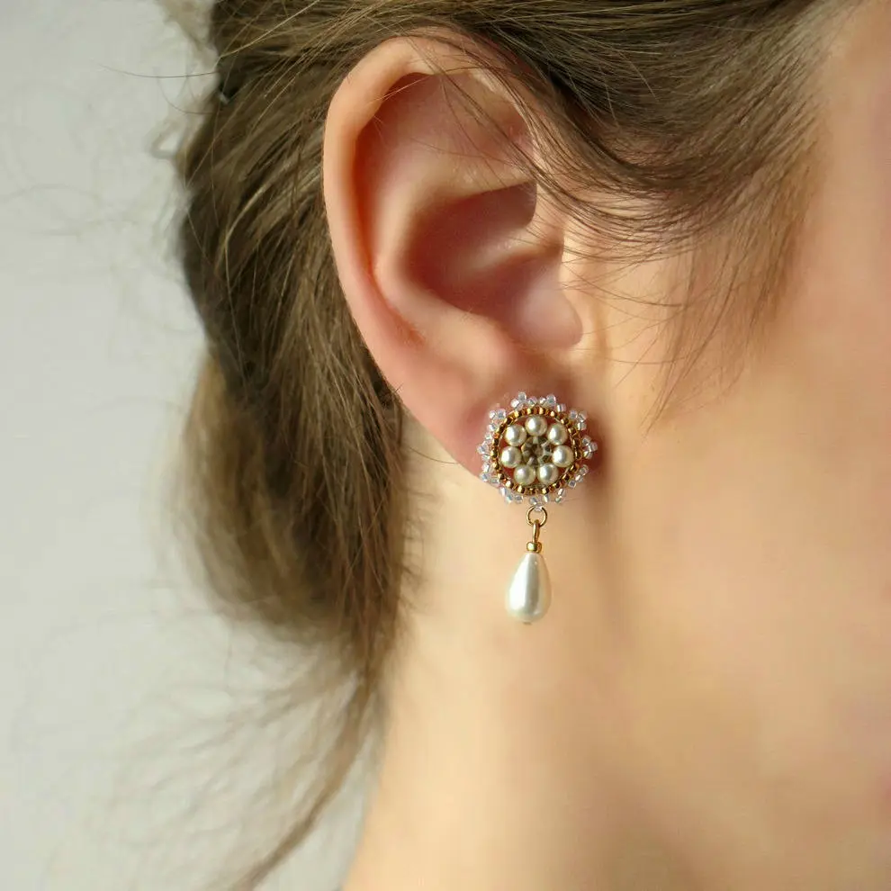 Weddings vintage style stud earrings, Formal drop pearl earrings bridal