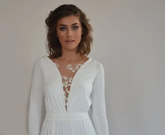 Simple Wedding Dress Floor Length Embroidery Flowers At The Top