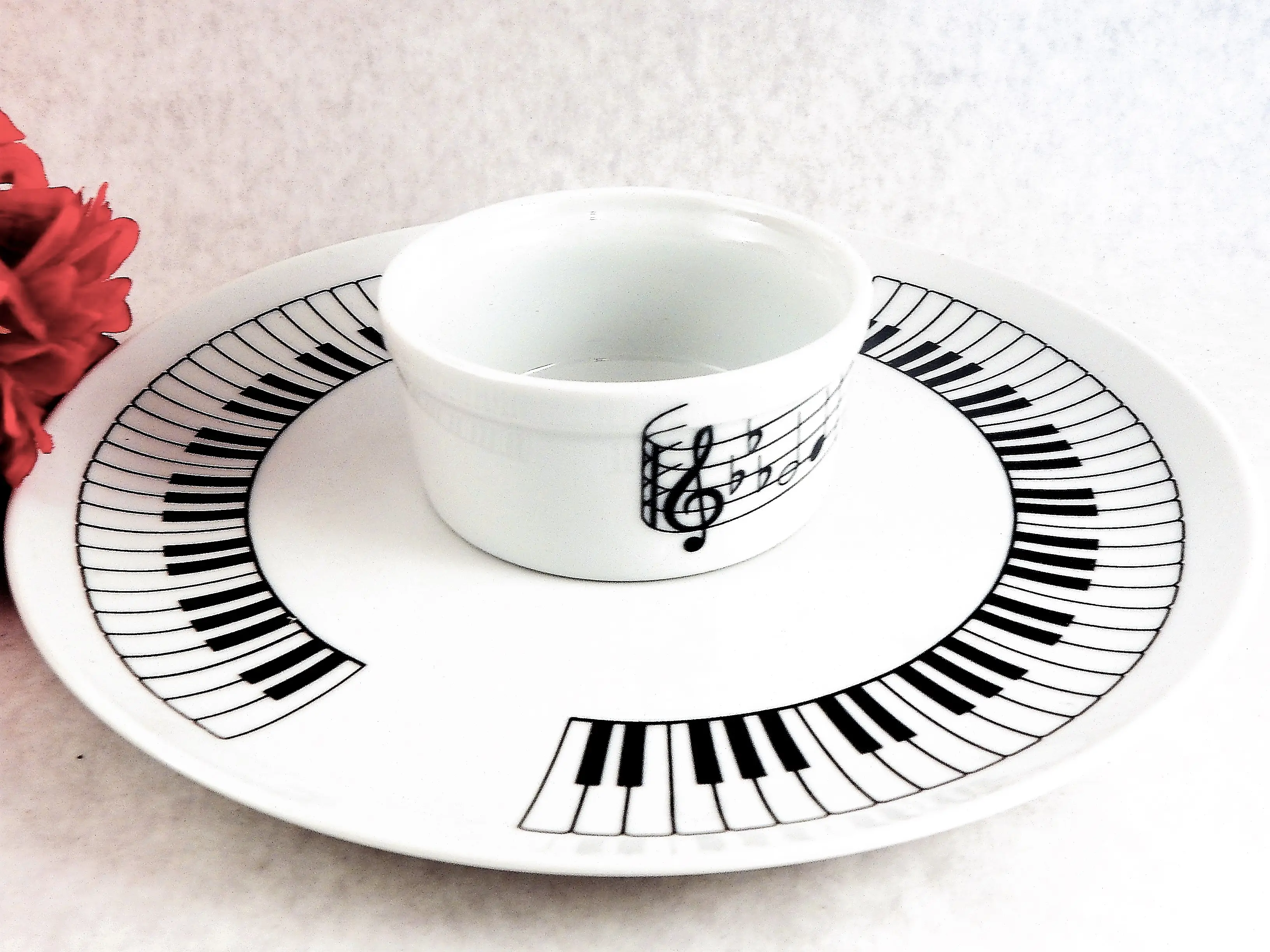 Serving Tray Condiment Bowl Black and White Piano Keys and Music Notes Novelty Tableware Vintage